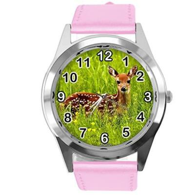 TAPORT Baby Pink Leather Round Watch for Deer Fans