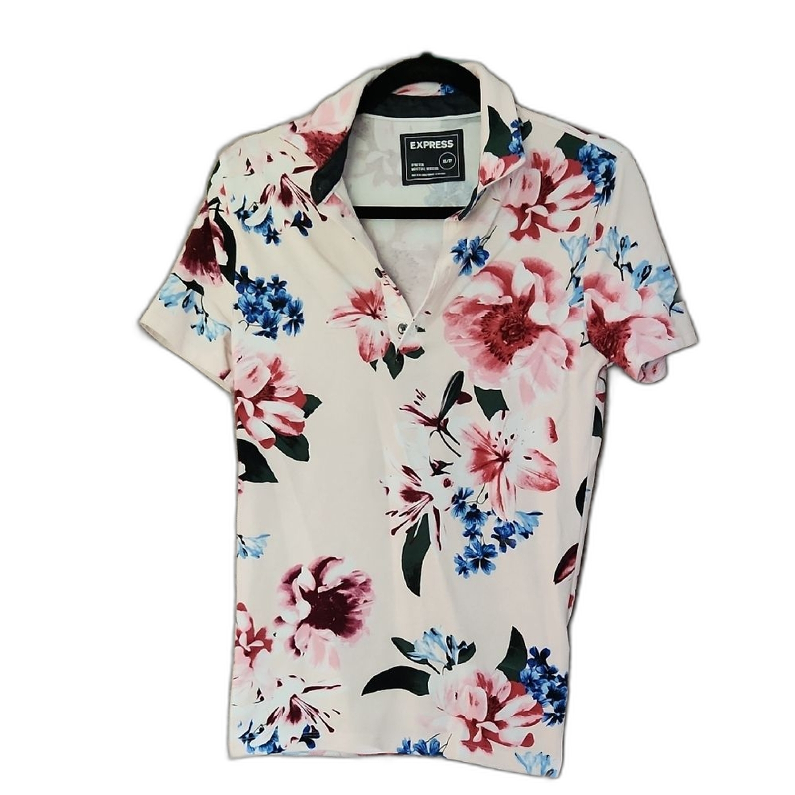 Express Fitted Button Down Floral Polo Shirt Whit… - image 1