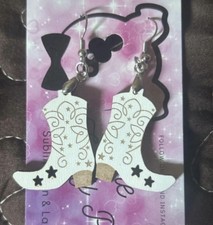 White Wood Cowboy Boot Dangle/Drop Earrings H...