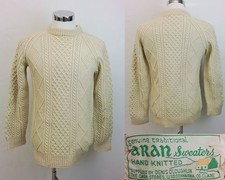 Aran Pullover Sweater Men's S Cream Cable-knit Handknit Wool Vintage J3820