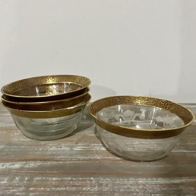 Vintage Elegant etched Glass Round Bowls Ornate Gold Rim Decorative Set of 4 MCM