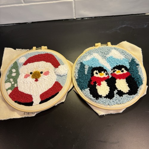 Finished Punch Needle Christmas Holiday Decor 2 Pieces Santa & Penguins