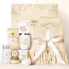 Gift Basket for Women, Self Care Set with Knitted Throw - Care Pkg - Beige for