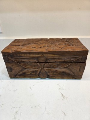 Vintage Large Hand Carved Wooden Chest/Box Figural Tribal Heavy Wood Hinged