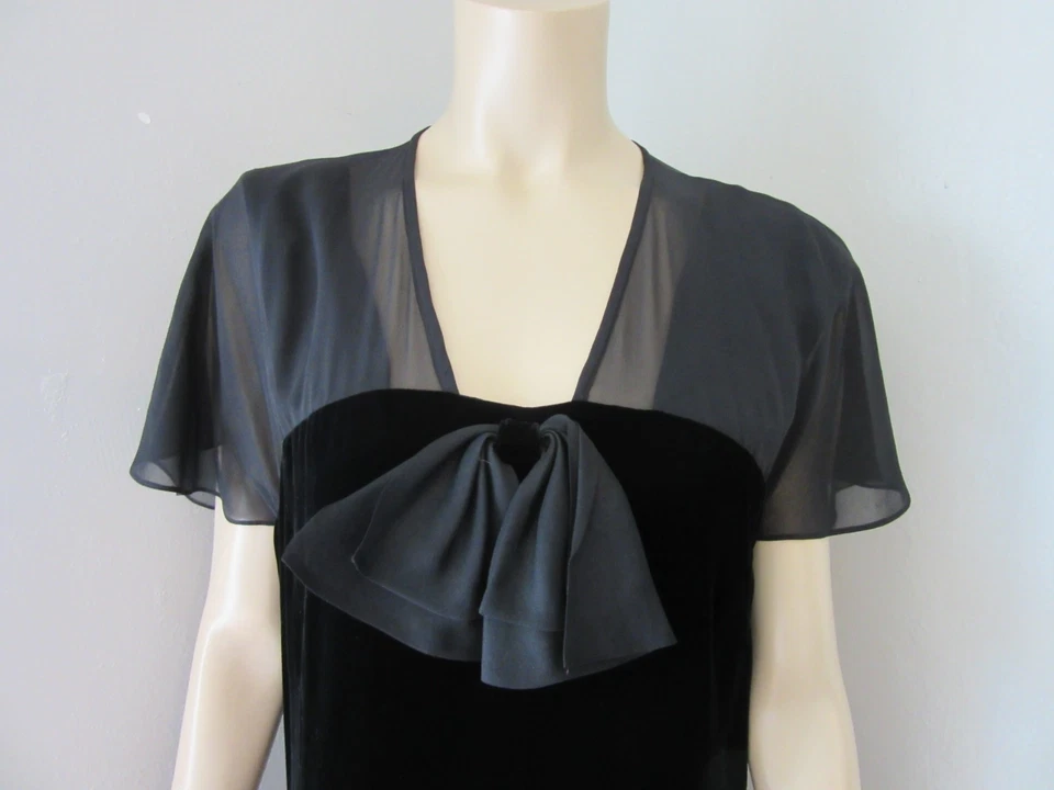 CHARTER CLUB Black Short Sleeve Size 14 Velour & Sheer Evening Midi Dress - Image 2 of 4