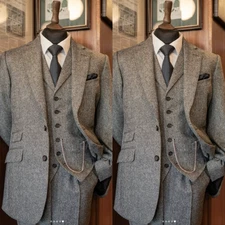 Vintage Men's Tweed Suit Warm Winter 1920 Workwear Office 3Pcs Jacket Tuxedo