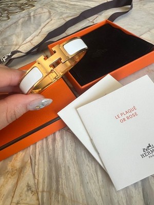 Authentic Hermes Rose Gold and White Enamel Clic H Bracelet Size TGM