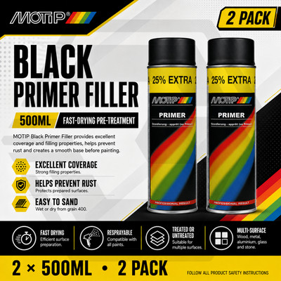 2 x MOTIP BLACK PRIMER FILLER 500ML -For Automotive Car Bodies Spray Paint - NEW