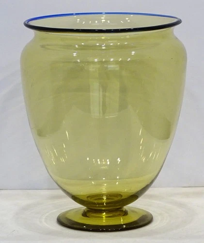 Antique CARDER STEUBEN Art Glass BRISTOL YELLOW AMBER #938 Vase w/ BLUE LIP WRAP