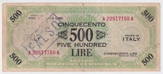 ITALIA Allied Military Currency Occupazione Alleata 500 Lire Banconota FALSA
