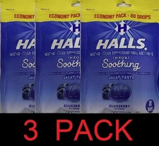 Halls BLUEBERRY Throat Soothing Lozenges Menthol Cough Suppressant 80 Drops 3 PK