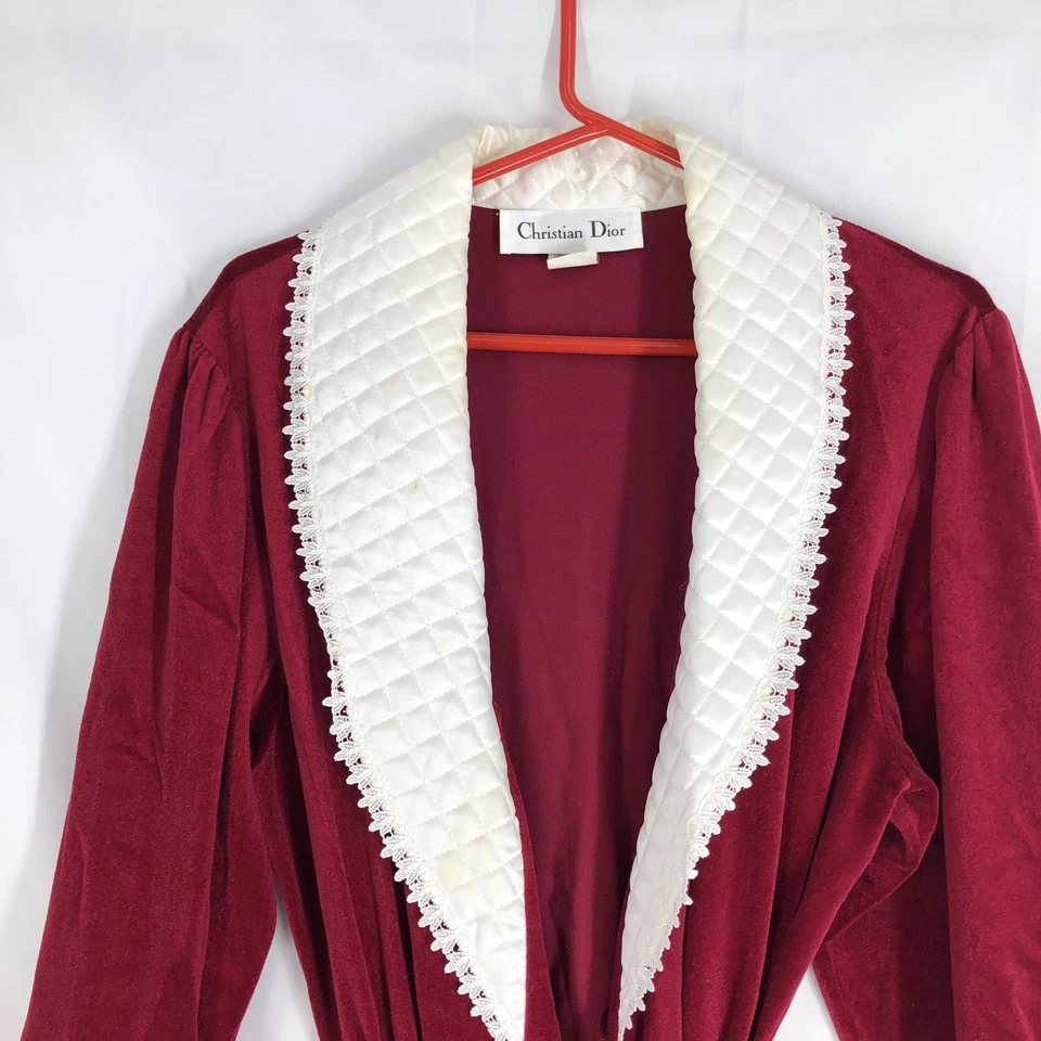 复古 迪奥天鹅绒绗缝长袍缎面领女式大号红色 — 第 2/4 张图片