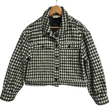 Melloday Houndstooth Crop Jacket Womens Large Black White Metallic Tweed Shacket