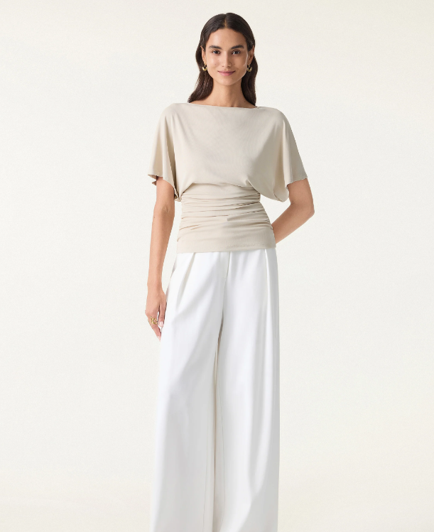 OGL Effortless Boatneck Batwing Sleeve Side Ruched Top, Morning Mist