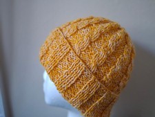 Hand knitted cozy and warm natural wool beanie/ hat, off white and yellow