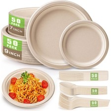 250 Pcs Compostable Disposable Dinnerware Set Biodegradable Sugarcane Plates