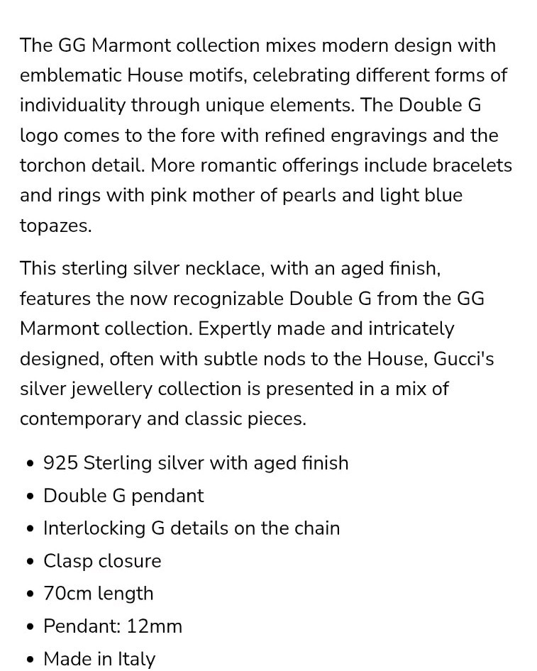 Gucci Sterling Aged Silver GG Marmont Pendant Chain Necklace Unisex V-DAY RARE thumbnail 4