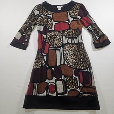 Kim Rogers Dress 4P Petite Shift Sheath Leopard Block Geometric Stretch Retro