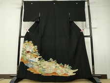 Heiwaya Kimono Luxury black tomesode embroidered flying crane landscape pattern