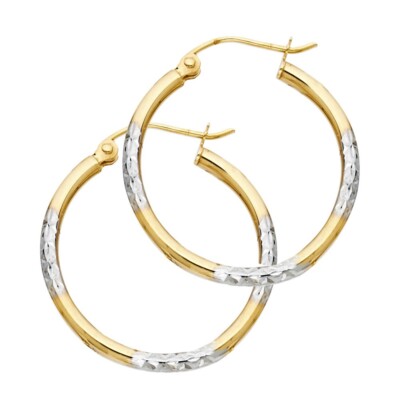 Gold 14K Two Tone Gold Diamond Cut Hoop Earrings