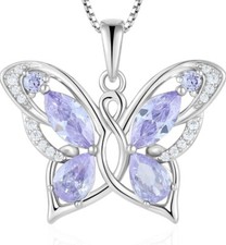 Women Butterfly Necklace 925 Sterling Silver Birthstone Pendant Created Gemstone