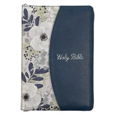 KJV Large Print Thinline Zippered Bible, Faux Leather Red Letter, Blue Floral