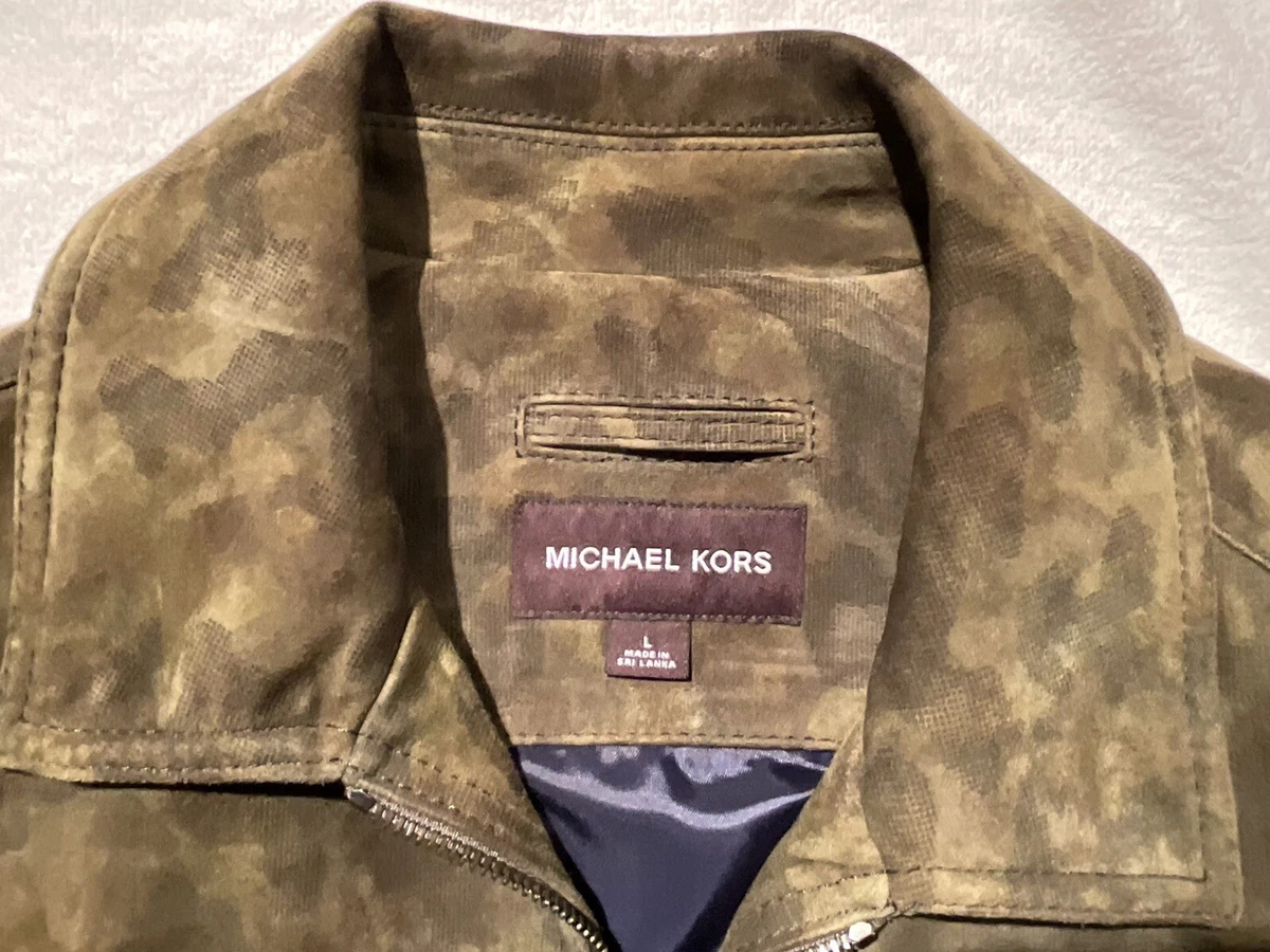 Michael Kors Lamb Leather Camo Collered Zip Jacket Mens L Rare EUC