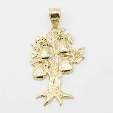 1 3/4" Diamond-Cut Money Bag Tree Luck Pendant Solid Real 10K Yellow Gold