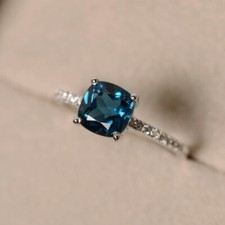 925 Sterling Silver Blue Topaz Ring, Cushion Cut, Promise Ring, Gift for Her