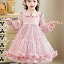 Kids Girls Mesh Tutu Dress Ruffle Trim Glitter Sequins Dance Stage Wedding Party
