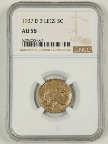 1937-D 3 LEGS 5C Buffalo Nickel AU58 NGC 6206255-004