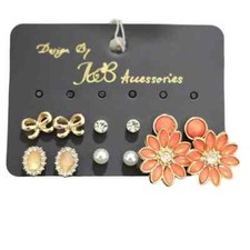 Women's Stud Earring Set Gold Plated Multi Color 6 Pairs Gift Set NWT