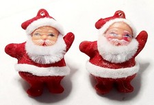 VTG Set/ 2 Dancing Santa Claus Christmas Flocked Ornament 60s Blue Eyes MCM Felt