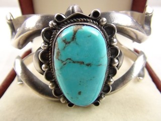 Native Leonard Martza HEAVY 82g Sand Cast Sterling Turquoise Cuff Bracelet Zuni