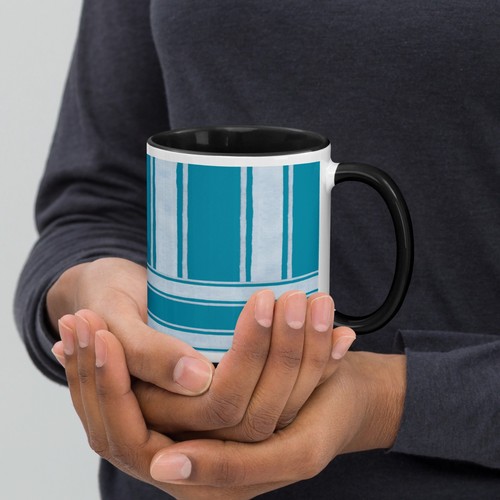 Tasse à café en céramique 11 oz blanc sarcelle rayé | Coupe de plage océan nautique côtier - Photo 14/30