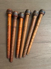 SIX Antique Wooden  US Textile Mill Spindles Bobbins  Long Wood Factory Spools
