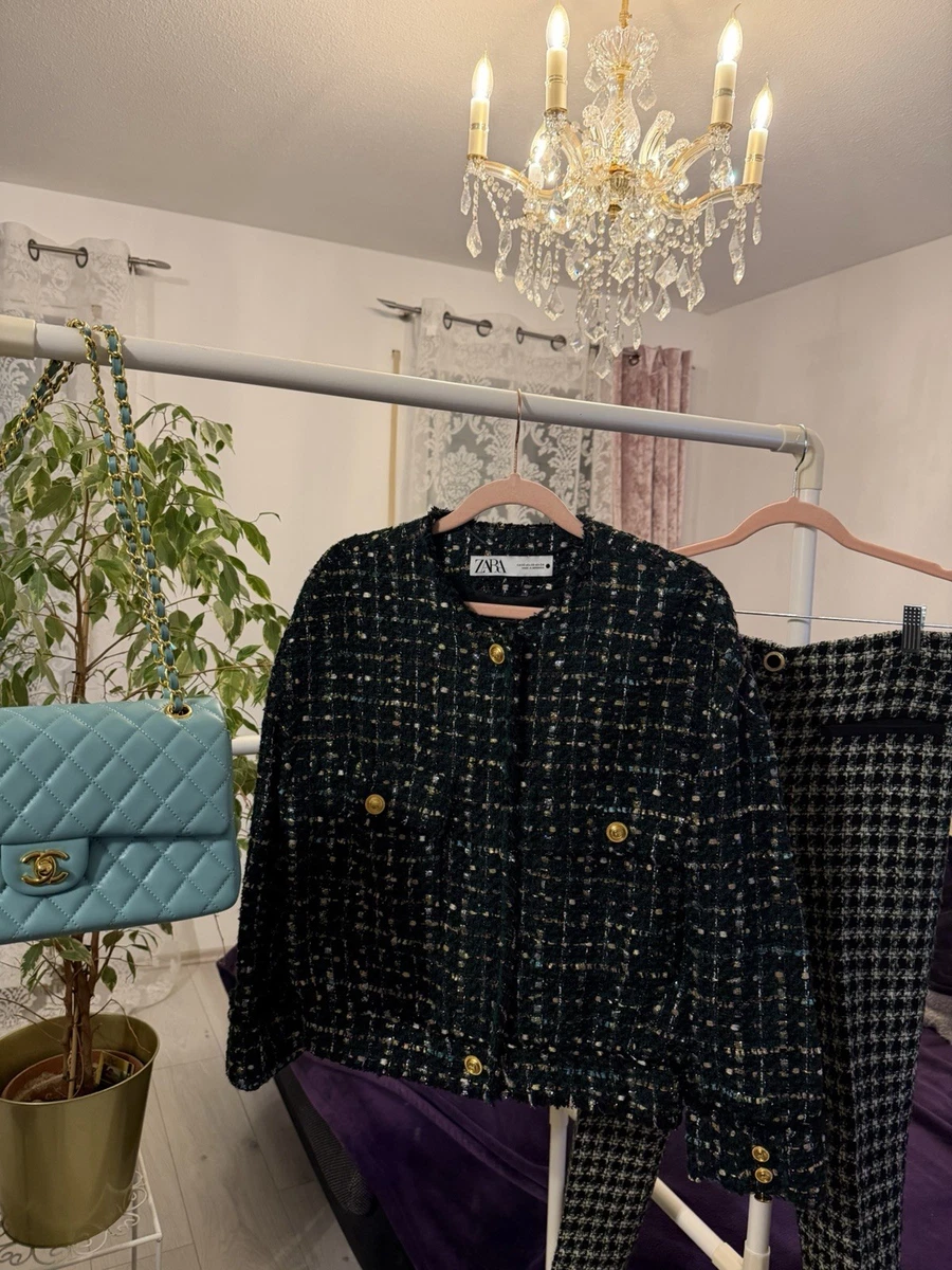 Zara Tweed Jacke Grün Goldene Knöpfe Gr.XS Bouclé Blazer/Zara Green Tweed Jacket