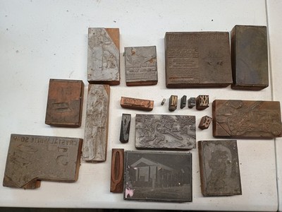 lot of antique advertising printing blocks wood and metal
