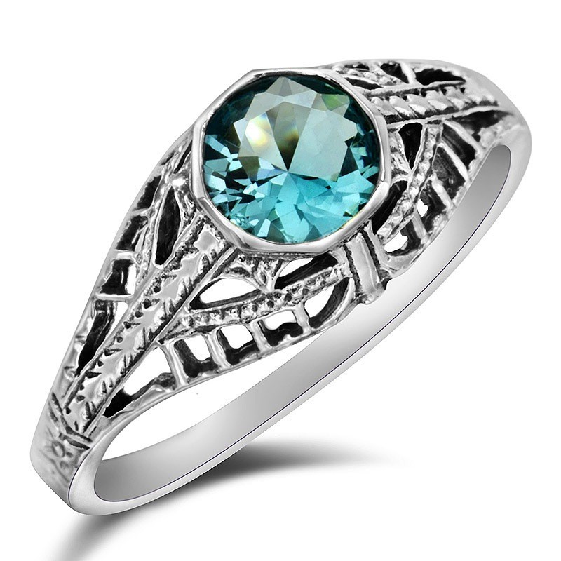 Aquamarine 925 Solid Sterling Silver Nouveau Style Ring Sz 8 F6-3