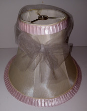 Bell Lampshade 7.75" Tall White Pink Trim Gray Ribbon 4.5" Top 10.5" Base