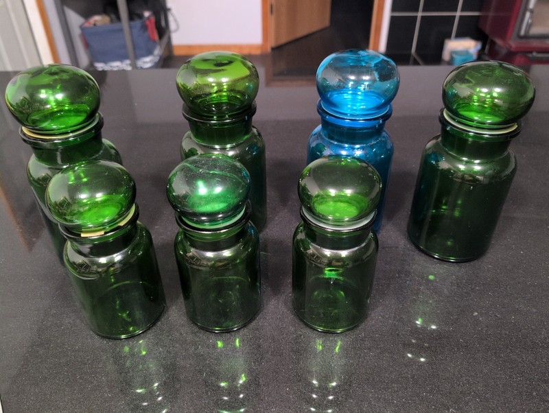 Set 7  Belgium Glass Apothecary Jars Bubble Lids Green 9” Green And Blue 7”