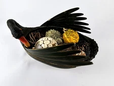 Vtg LARGE Green Woven Wicker Rattan & Bamboo Goose or Swan Duck Basket Handpaint