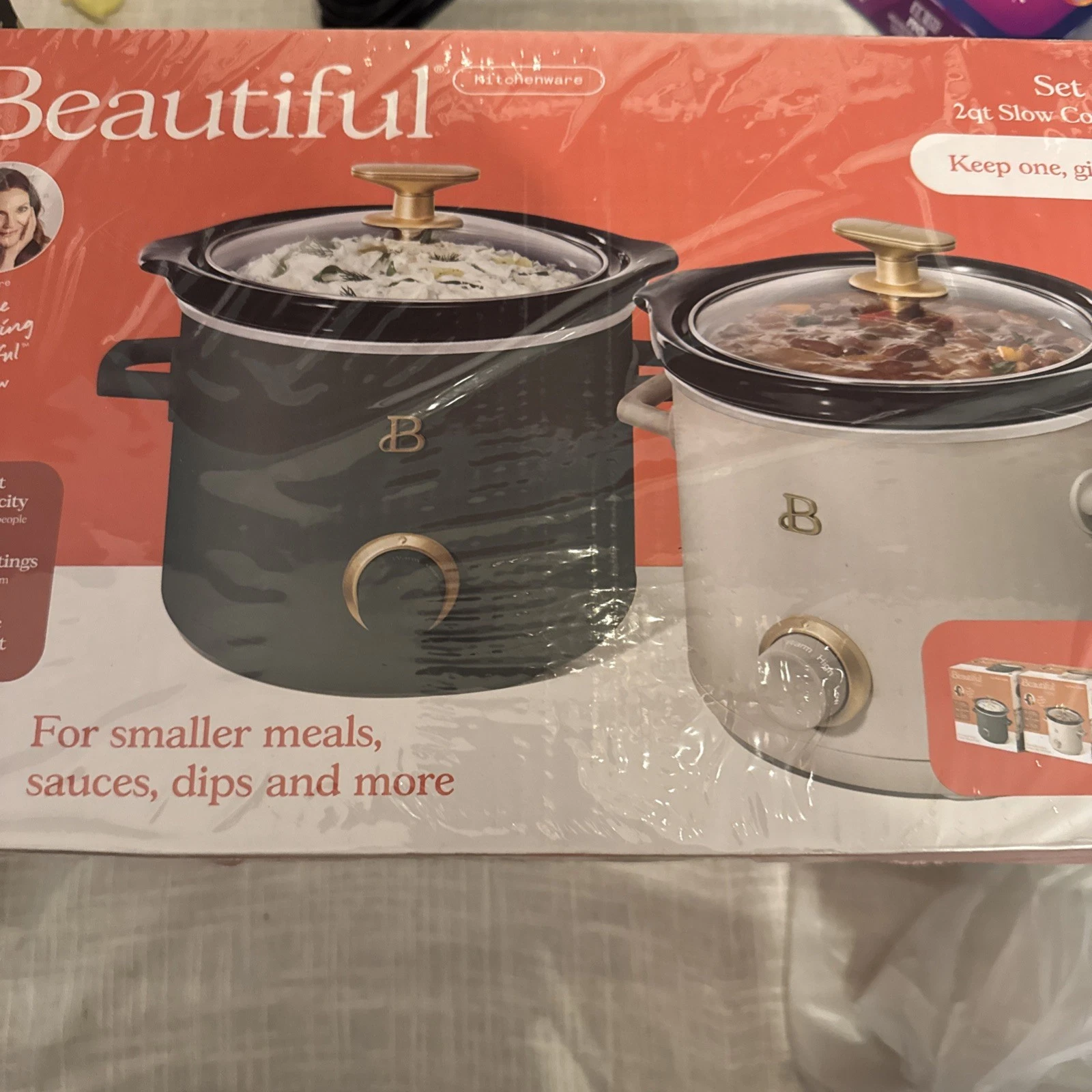 Beautiful 2-Pack 2qt Slow Cooker Thyme Green Porcini Taupe by Drew Barrymore NEW