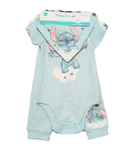 NWT Disney Unisex Stitch 4 PC Bodysuit Pants Bib Set 6-9 Months Short Sleeve