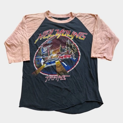 Neil Young "Trans" Tour Band Raglan Tee Shirt 8 1980s vintage concert t-shirt, vintage, single stitch, B+ condition