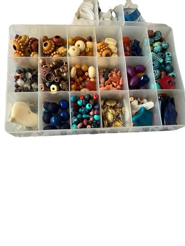 Lot of Beads in Plastic divider box Glass, Wood, Stone for Jewelry Making 2 Case
