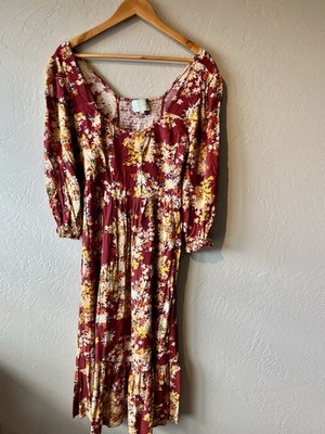 Skies Are Blue Dress Floral Red Burgundy Ruffle Medium Smocked Top Anthro