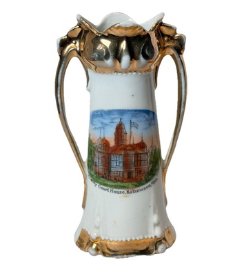 #ad KALAMAZOO MICHIGAN MI Antique COURT HOUSE Souvenir China TRINKET VASE $47.92