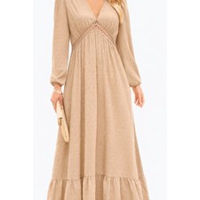 Beige Swiss Dot Long Sleeve V Neck Maxi Dress Crochet Trim Size XL
