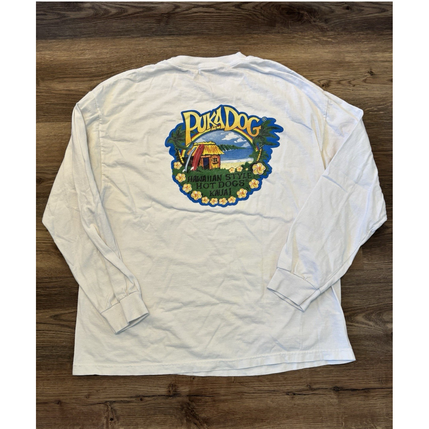 Vintage Puka Dog Hawaiian Graphic Print White Long Sleeve Men's T-Shirt Size L